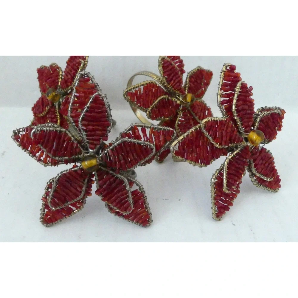 Red Bead Wire Wrapped Flower Napkin Rings Set‎ of 4 Layered Dimension Gold